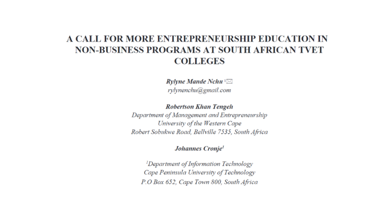 R MORE ENTREPRENEURSHIP EDUCATION IN NON-BUSINESS PROGRAMS AT SOUTH AFRICAN TVET COLLEGES