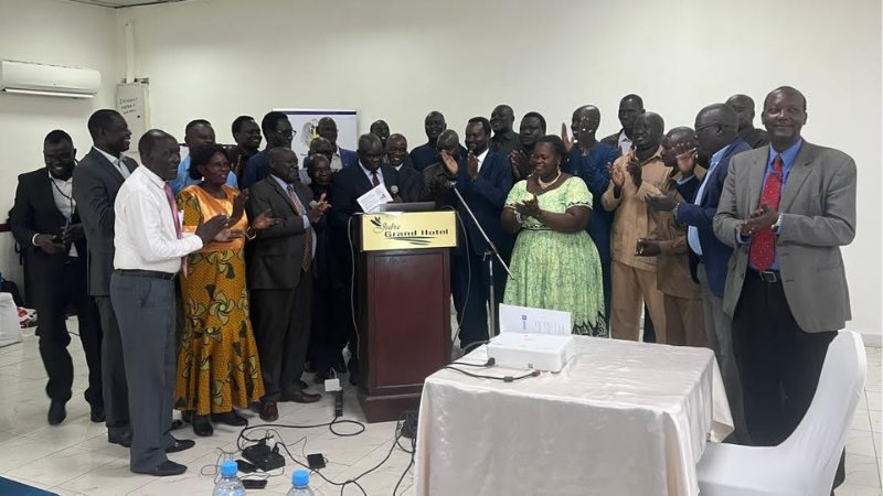 Representatives from South Sudan’s Ministry of General Education and Instruction gather to officially launch the new platform at a December event. (Photo by UNESCO Juba)