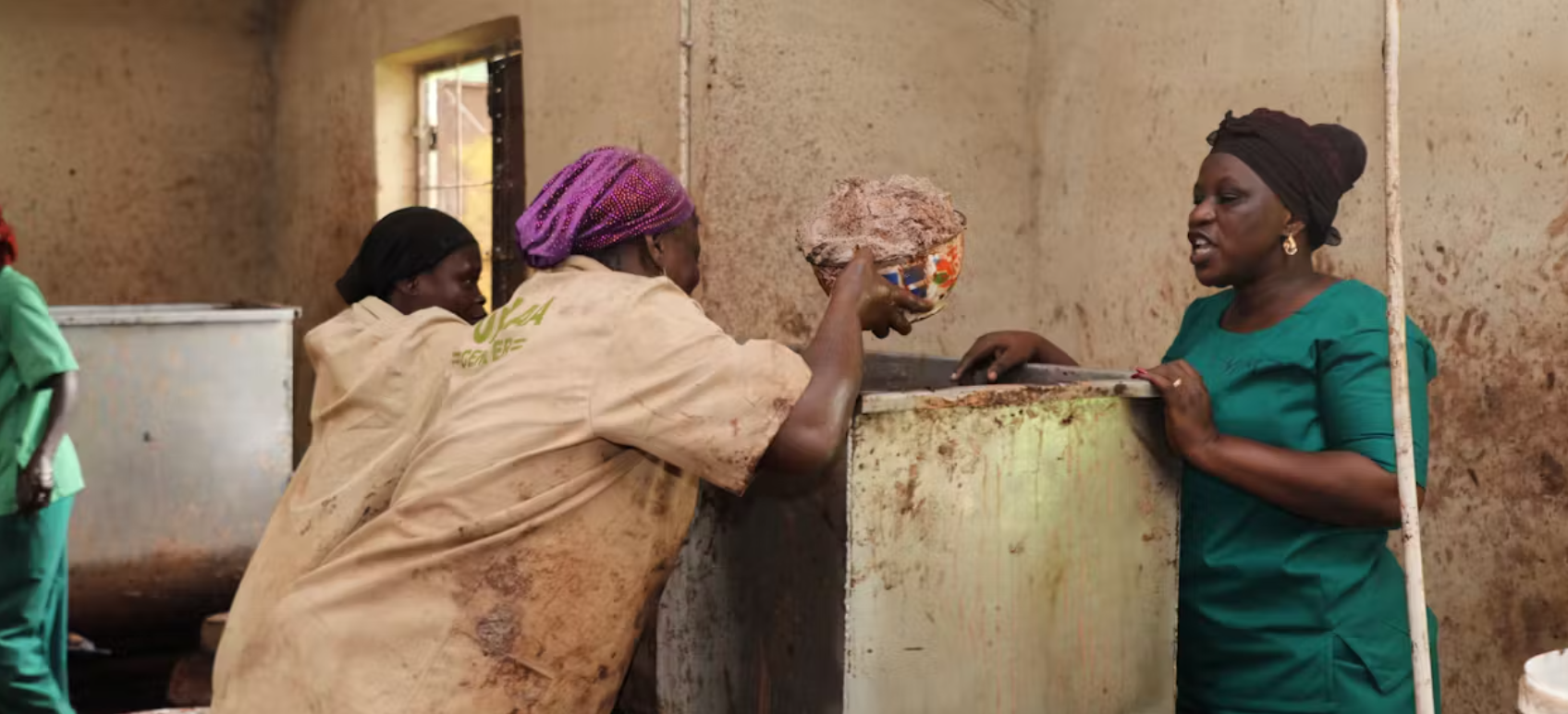 Once the shea nuts have been dried and ground, we put them in a kneading machine to create the shea butter. (October 2023) © Priscilla Konadu Mensah