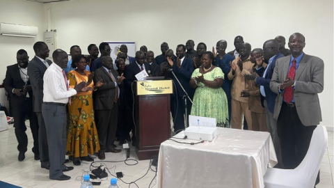 Representatives from South Sudan’s Ministry of General Education and Instruction gather to officially launch the new platform at a December event. (Photo by UNESCO Juba)